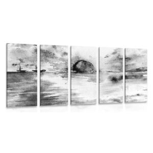 5-dielny obraz západ slnka pri mori v čiernobielom prevedení
