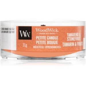 Woodwick Tamarind & Stonefruit mala mirisna svijeća bez staklene posude s drvenim fitiljem 31 g