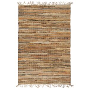 Ručno tkani tepih Chindi koža i juta 80 x 160 cm žućkastosmeđi