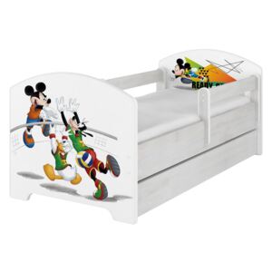 Dječji krevetić s ogradicom - Mickey i odbojka - dekor norveški bor Oskar bed - voleyball 160x80 cm krevet + skladišni prostor