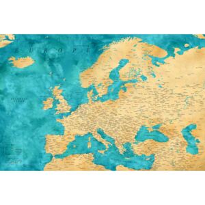 Karta Detailed map of Europe in gold and teal watercolor, Blursbyai