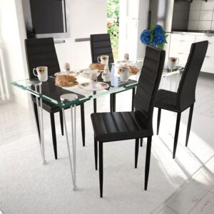 VidaXL Komplet za ručak - Linijske stolice crne tanke 4 kom + stakleni stol