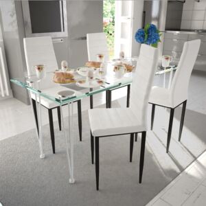 VidaXL Komplet za ručak - Linijske stolice bijele tanke 4 kom + stakleni stol