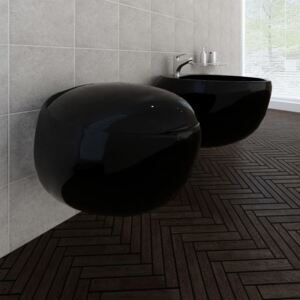 VidaXL Set zidne toaletne školjke i bidea crni keramički