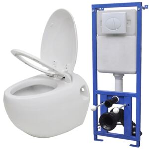 VidaXL Zidna jajolika toaletna školjka s ugradbenim vodokotlićem bijela