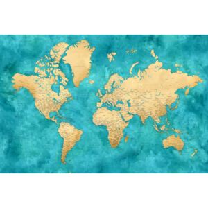 Ilustracija Detailed world map with cities in gold and teal watercolor, Lexy, Blursbyai