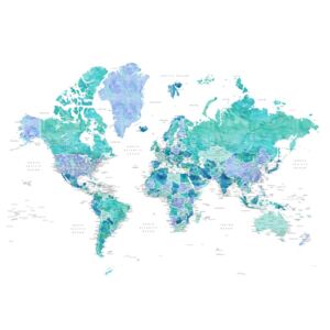 Karta Aquamarine and blue watercolor detailed world map, Blursbyai