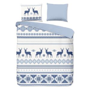 Bijelo-plava posteljina od flanela s božićnim motivom Dobro jutro, nordijska, 140 x 200 cm