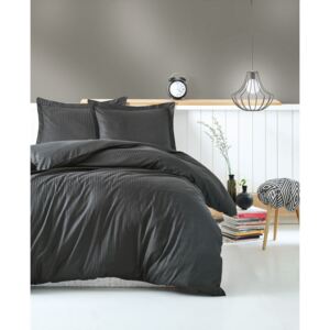 Tamno siva posteljina s plahtom za bračni krevet Stripe, 200 x 220 cm