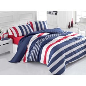 Plava posteljina od ranforce pamuka za bračni krevet na pruge Stripe, 200 x 220 cm